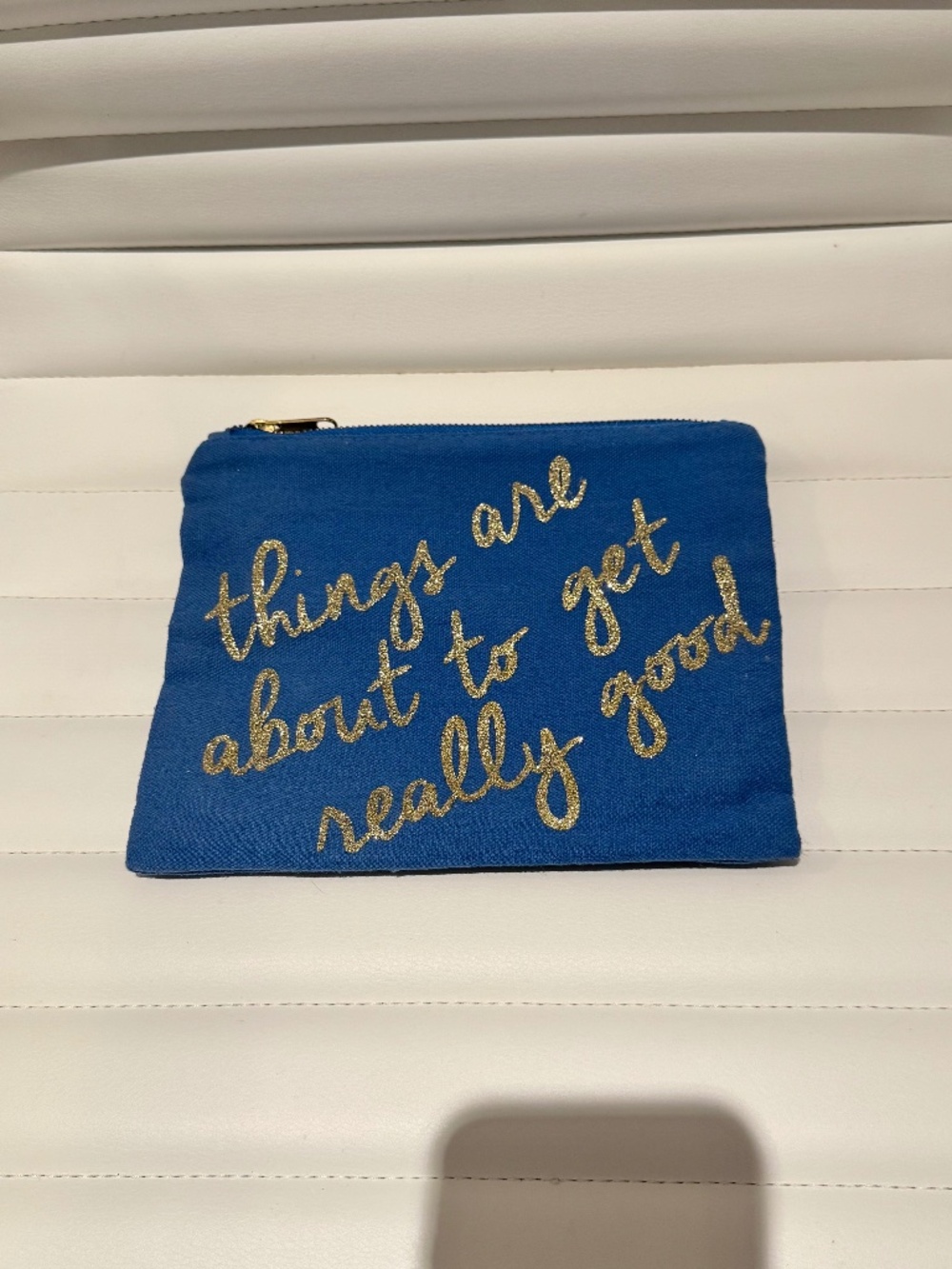 Charming Charlie Blue Canvas Makeup Bag Pouch Gold Glitter Quote Cosmetic Case